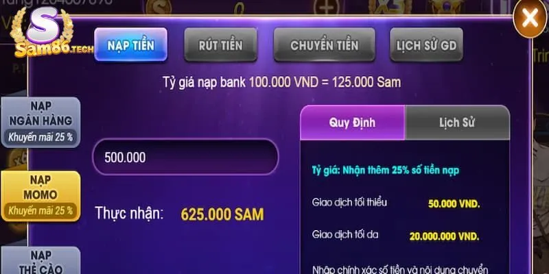 Cung cấp thông tin nạp tiền theo đúng yêu cầu của hệ thống